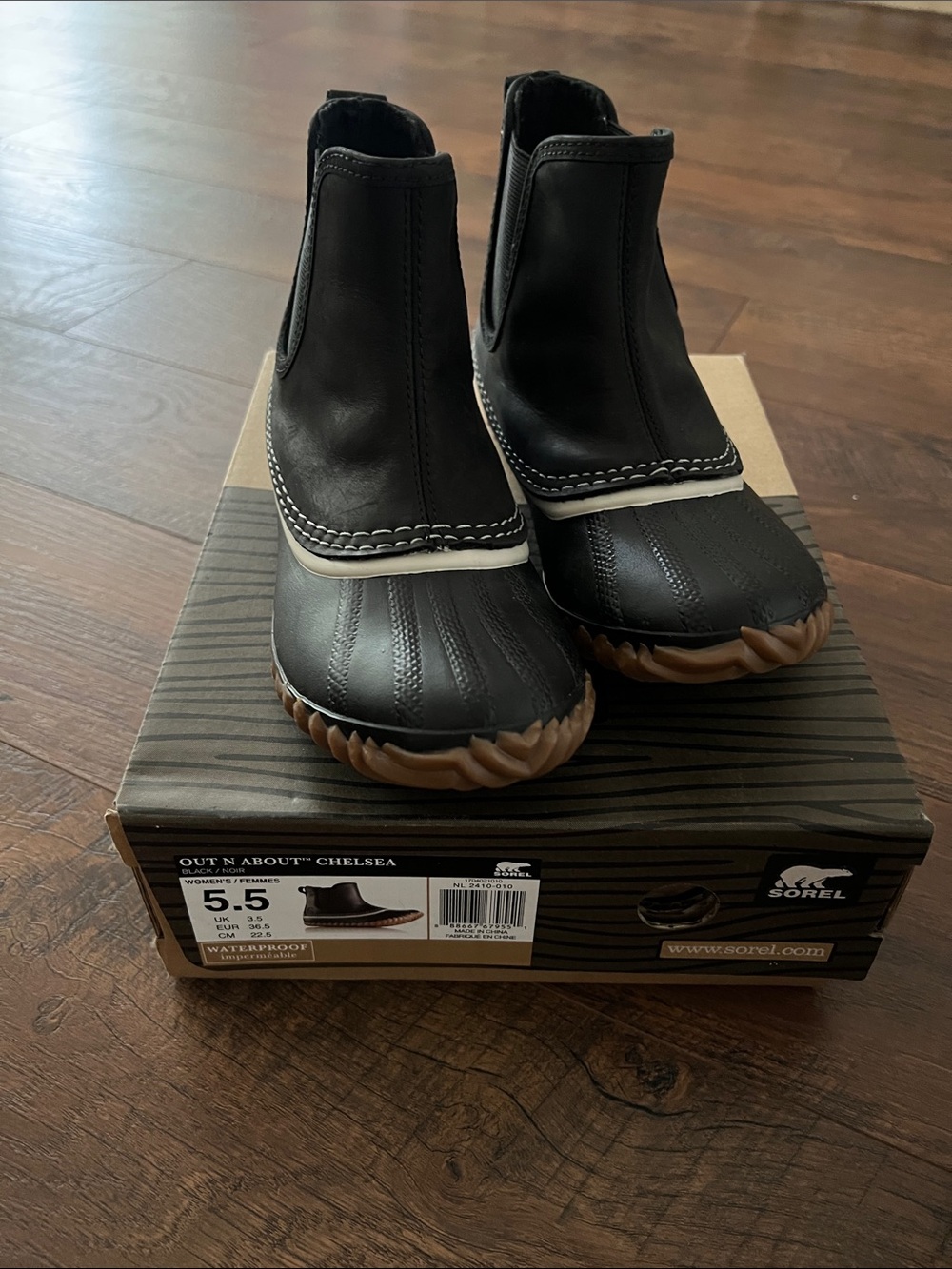Sorel Black Chelsea Duck Boots with Brown Soles